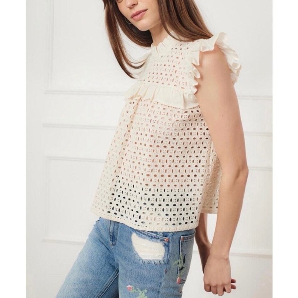 ANINE BING Top Women XS Cream White Eyelet Ruffle Sleeveless Boho Embroidered - Picture 3 of 16